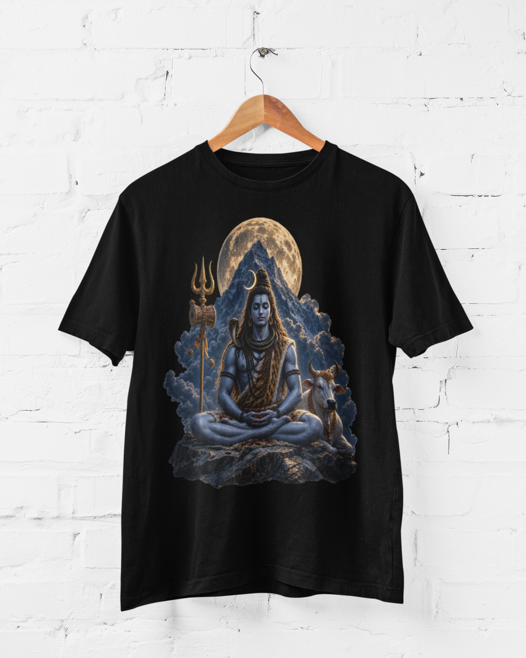 A black short-sleeve t-shirt hanging on a wooden hanger against a white brick wall. The shirt features a large graphic print of Lord Shiva meditating in front of a full moon, with a trident and a goat (Abel) depicted.